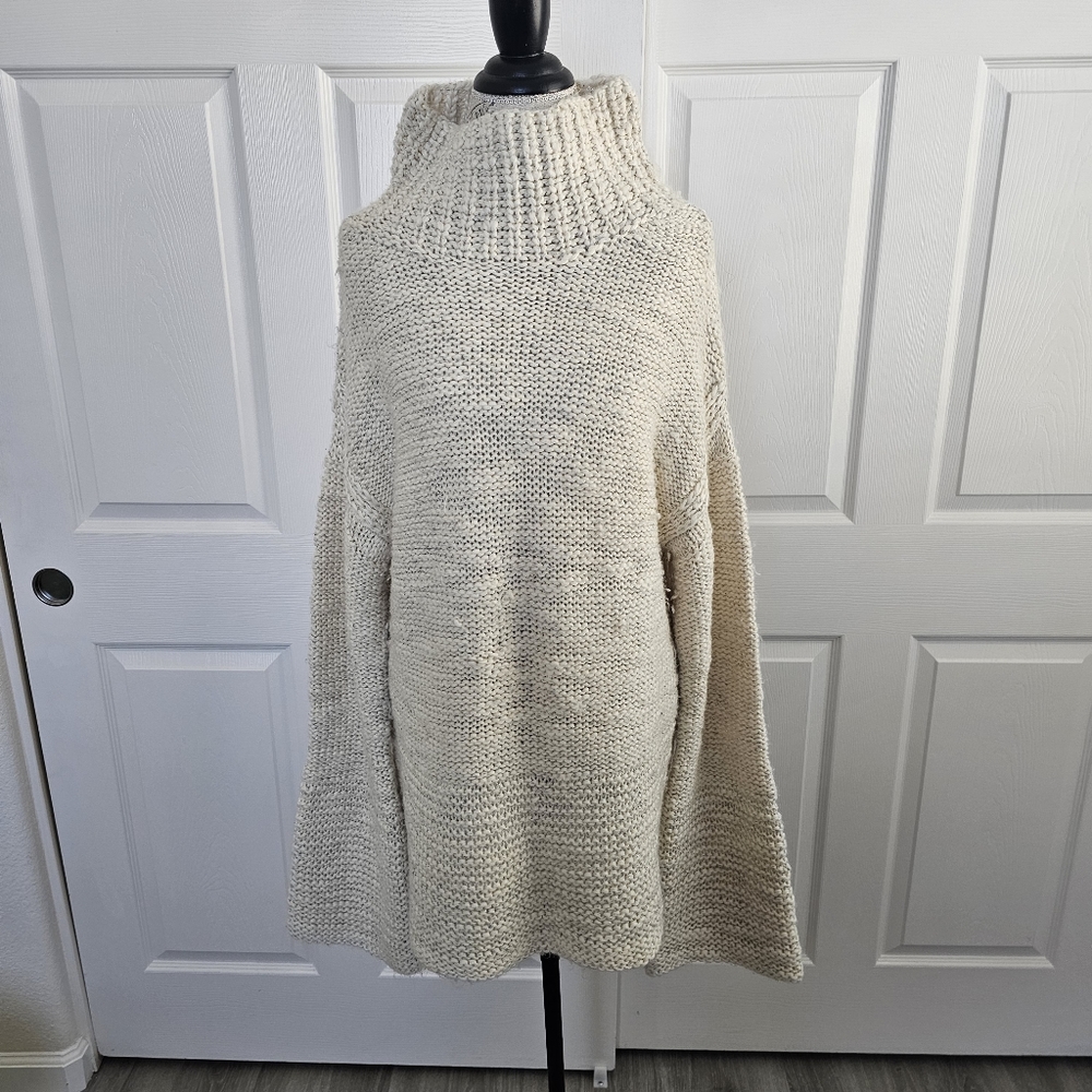 MISHA NONOO Metallic Chunky Knit Sweater Cream Bell Sleeve Mock Neck Wool L